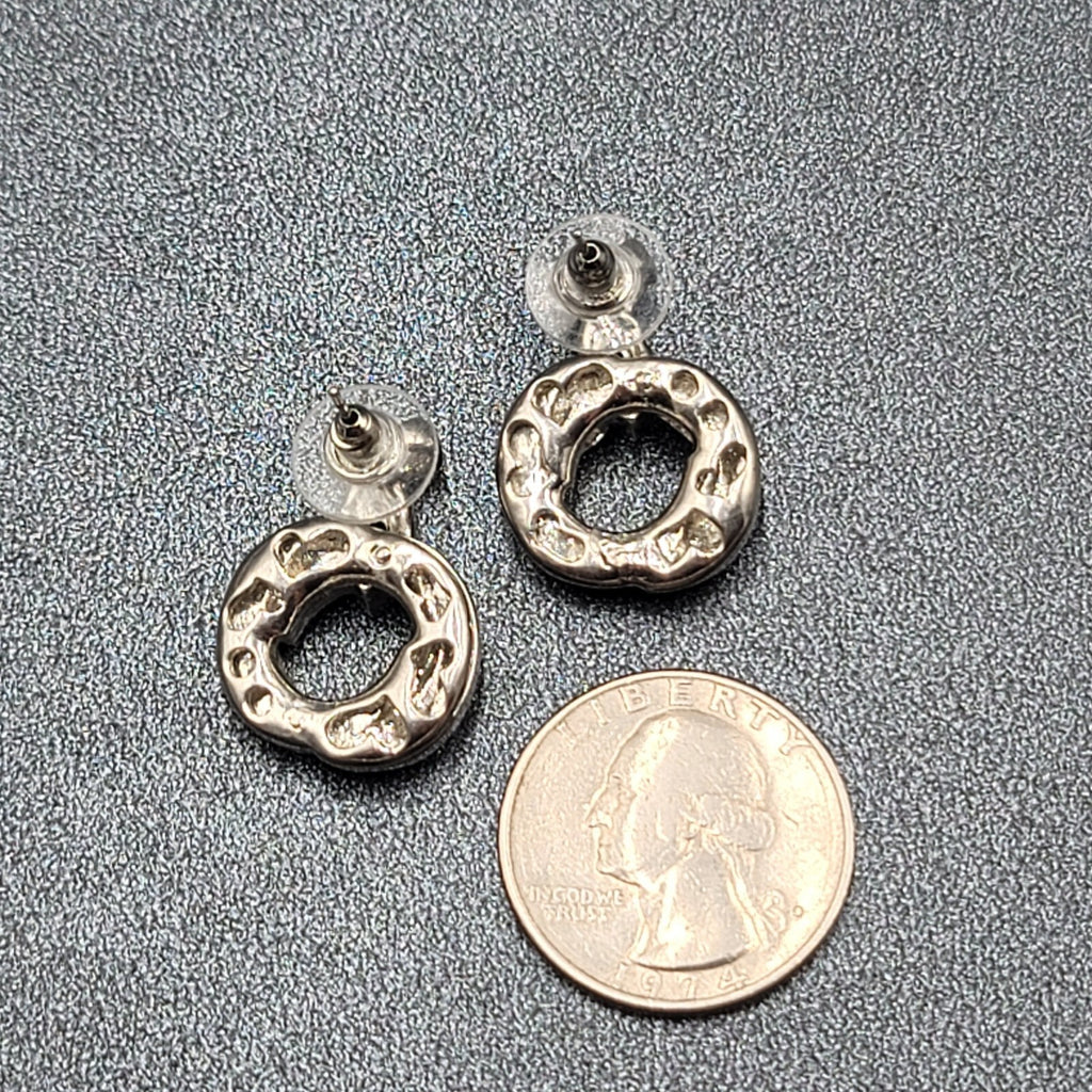 Pierced Earrings Silver tone Black Enamel Rhinestone Drop 1"