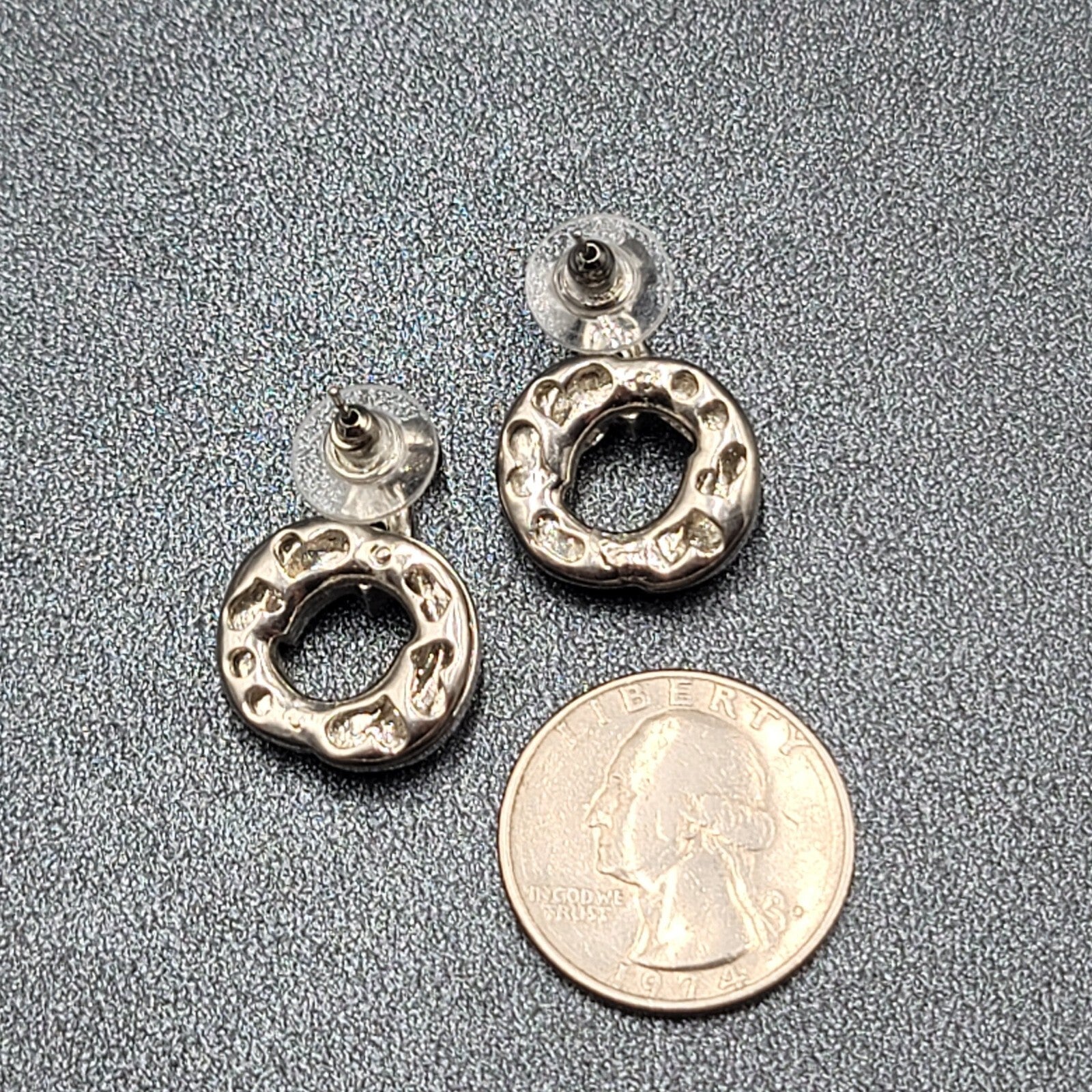 Pierced Earrings Silver tone Black Enamel Rhinestone Drop 1"