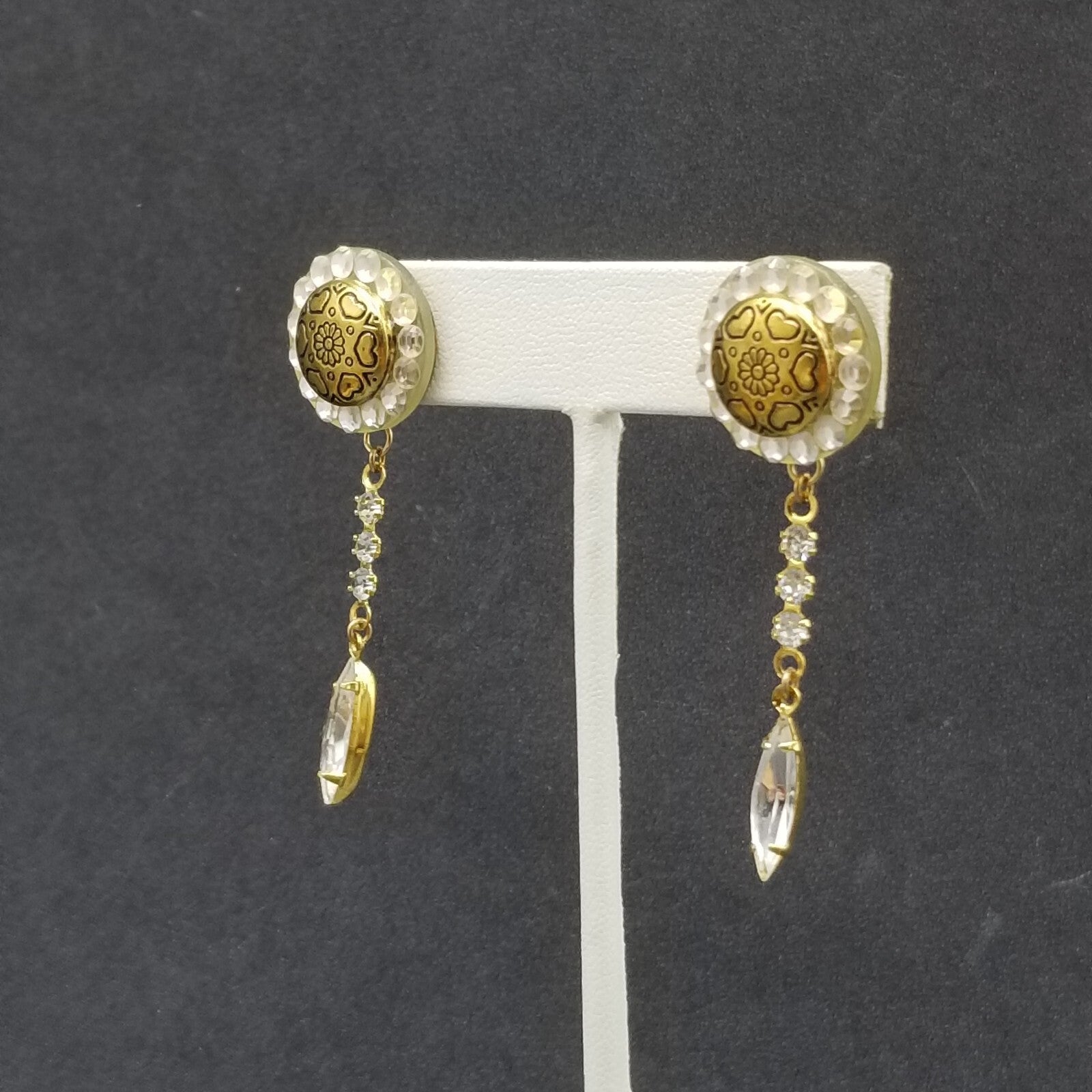 Pierced Earrings Gold tone Heart Flower Button Faceted Crystal Dangle 2 1/4"