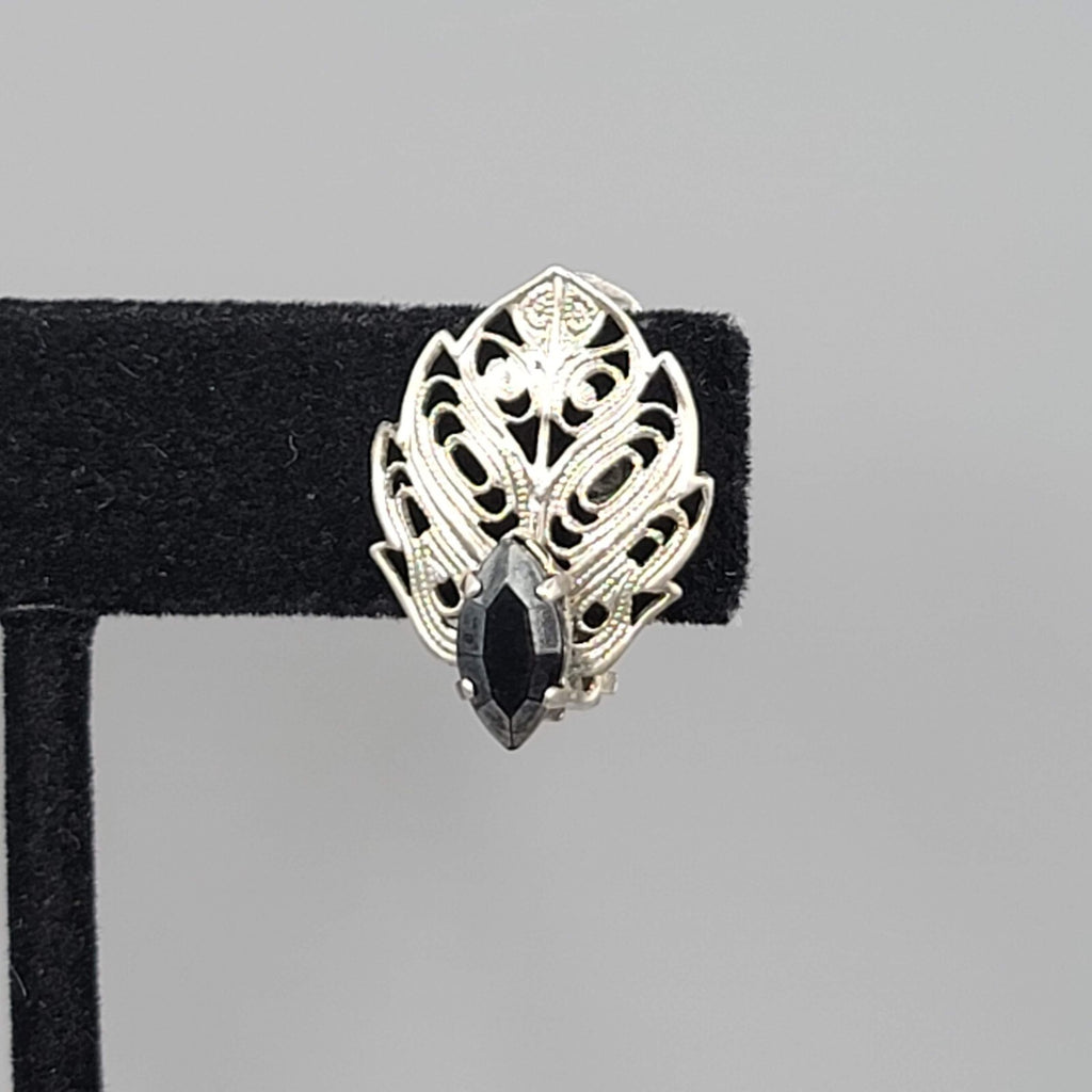 Vintage Filigree Black Rhinestone Clip on Earrings Silver tone 3/4"