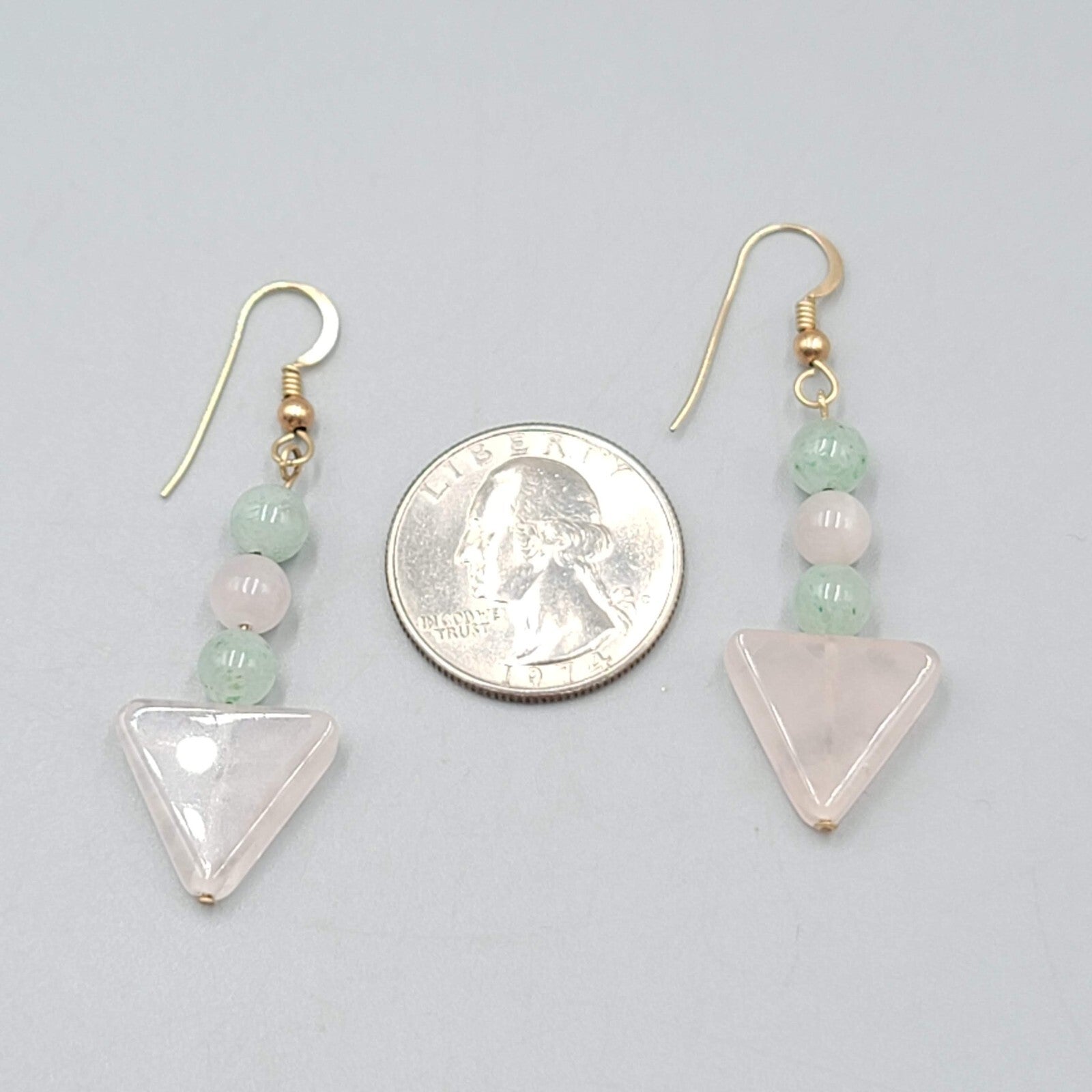Pink Green Quartz Bead Pierced Earrings Gold tone Dangle 1.5"