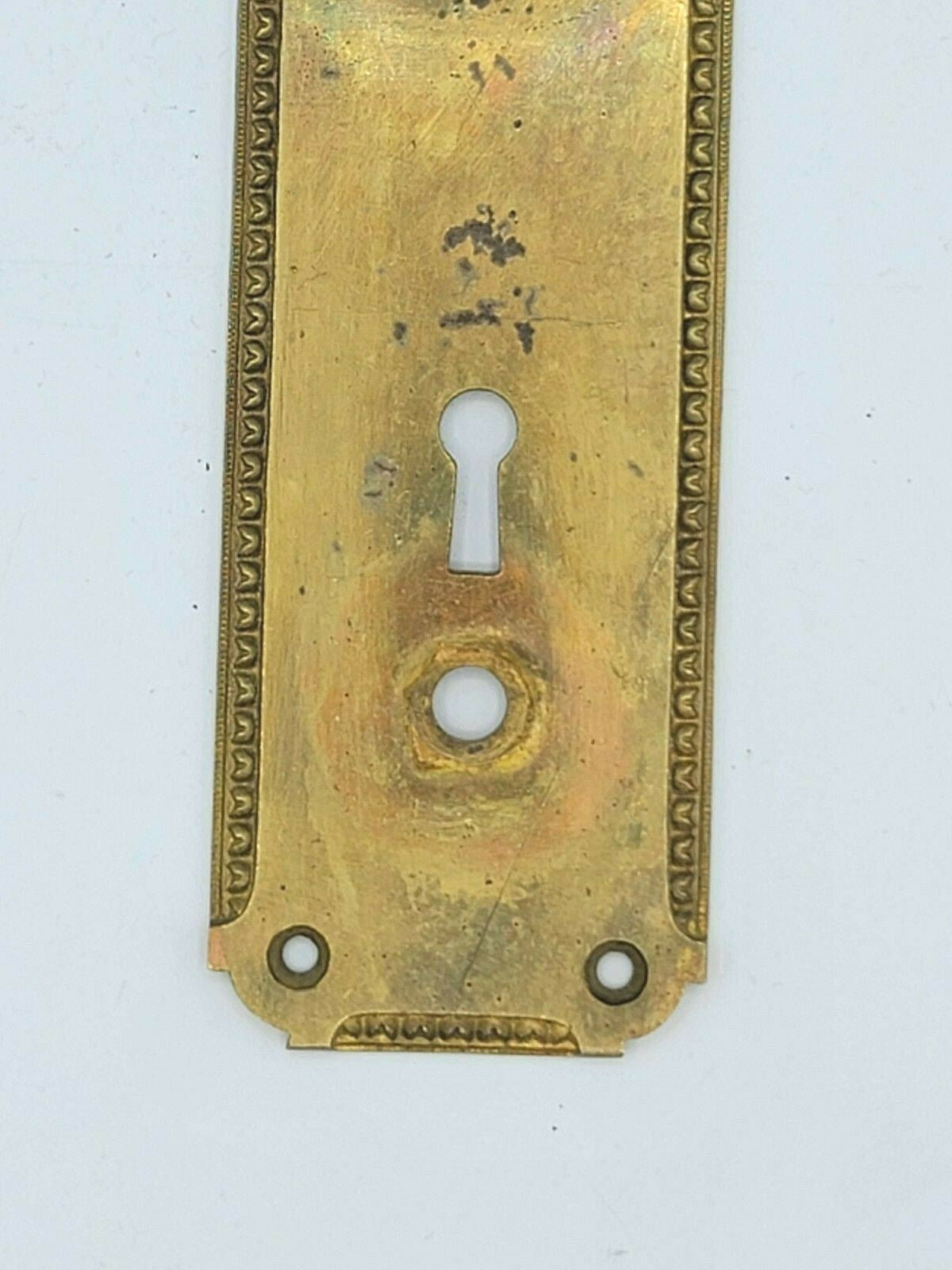 Antique Vintage Brass Doorknob Backplate 8" x 2 1/4"  holes 3"