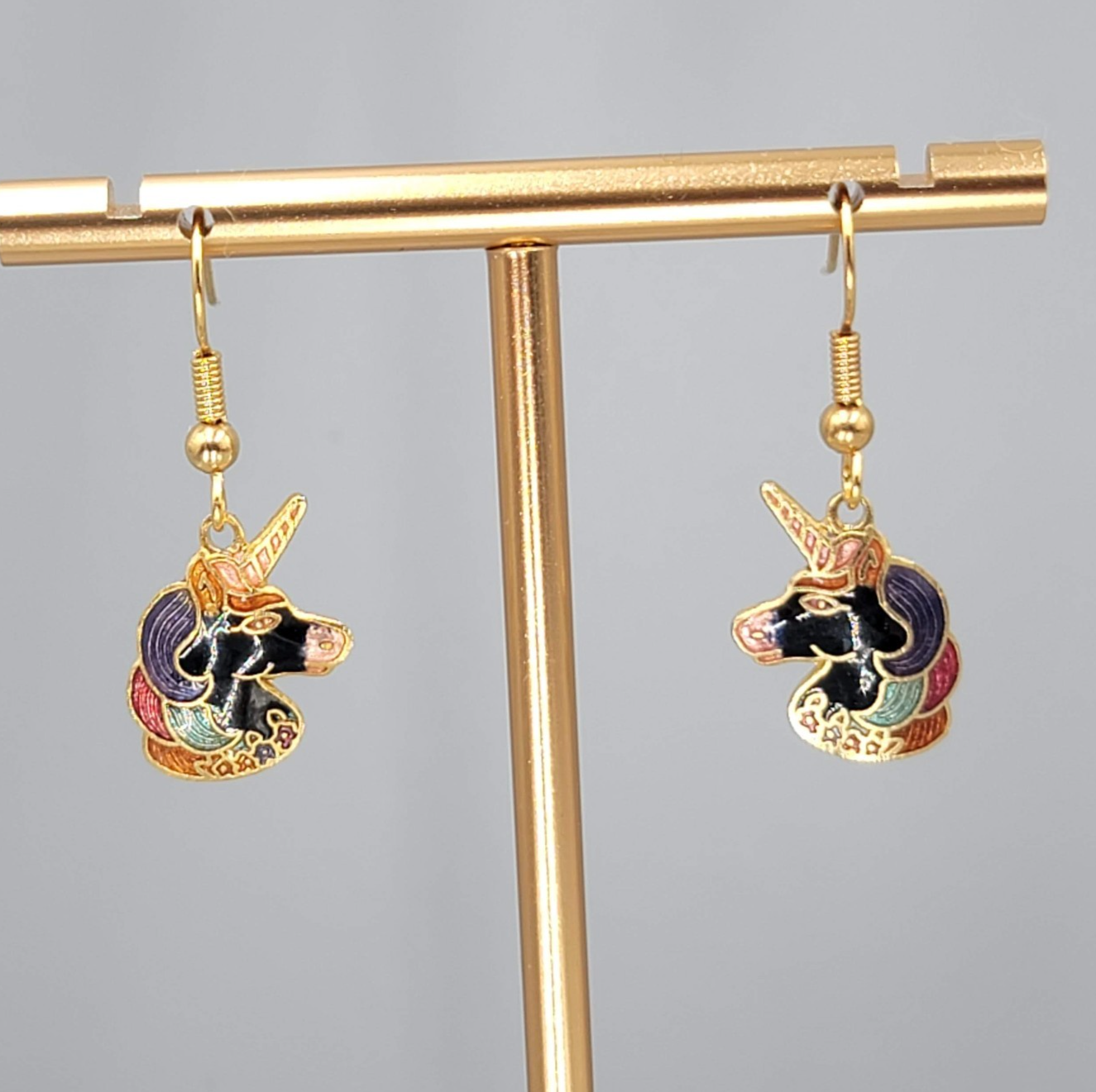 Vintage Enamel Cloisonne Unicorn Pierced Earrings Gold tone Dangle 3/4"