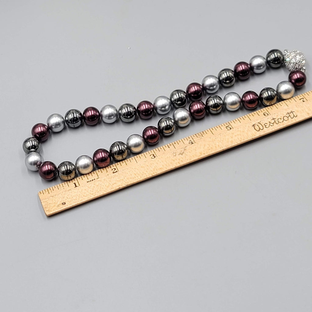Large Bead Necklace Purple Gray Black Rhinestone Magnet Closure 16"