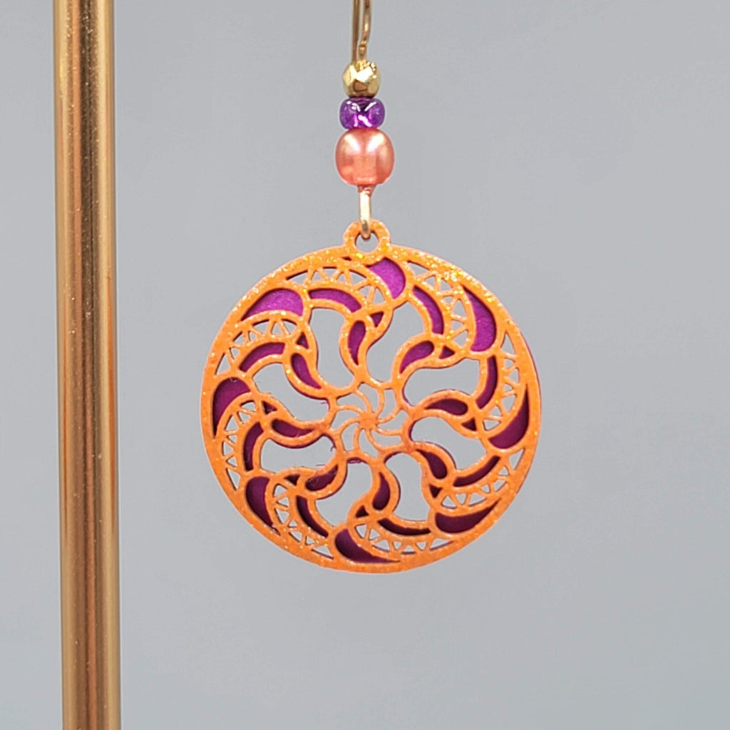 Laser Cut Metal Pierced Earrings Orange Purple Dangle 1"