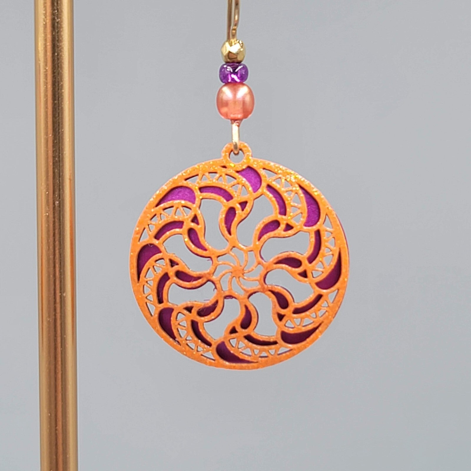 Laser Cut Metal Pierced Earrings Orange Purple Dangle 1"