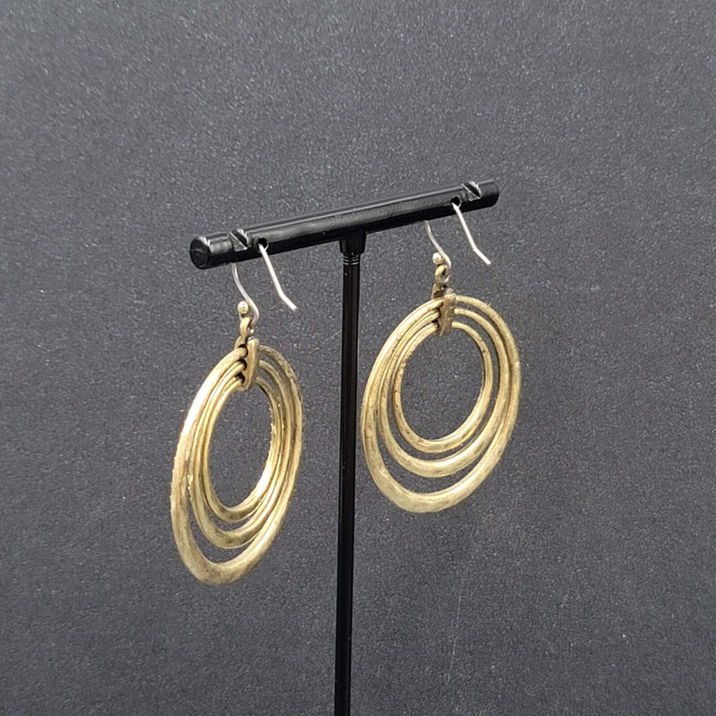 Concentric Ovals Pierced Earrings Bronze tone Embossed Dangle New 1.75"