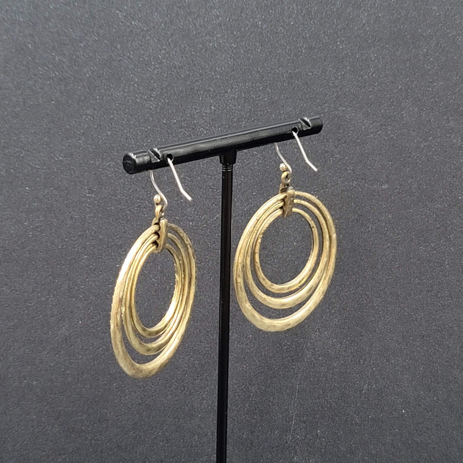 Concentric Ovals Pierced Earrings Bronze tone Embossed Dangle New 1.75"