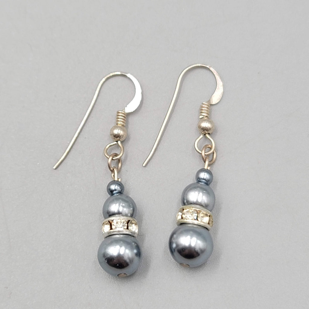 Faux Blue Pearl Bead Pierced Earrings Rhinestone Spacer Dangle 7/8"