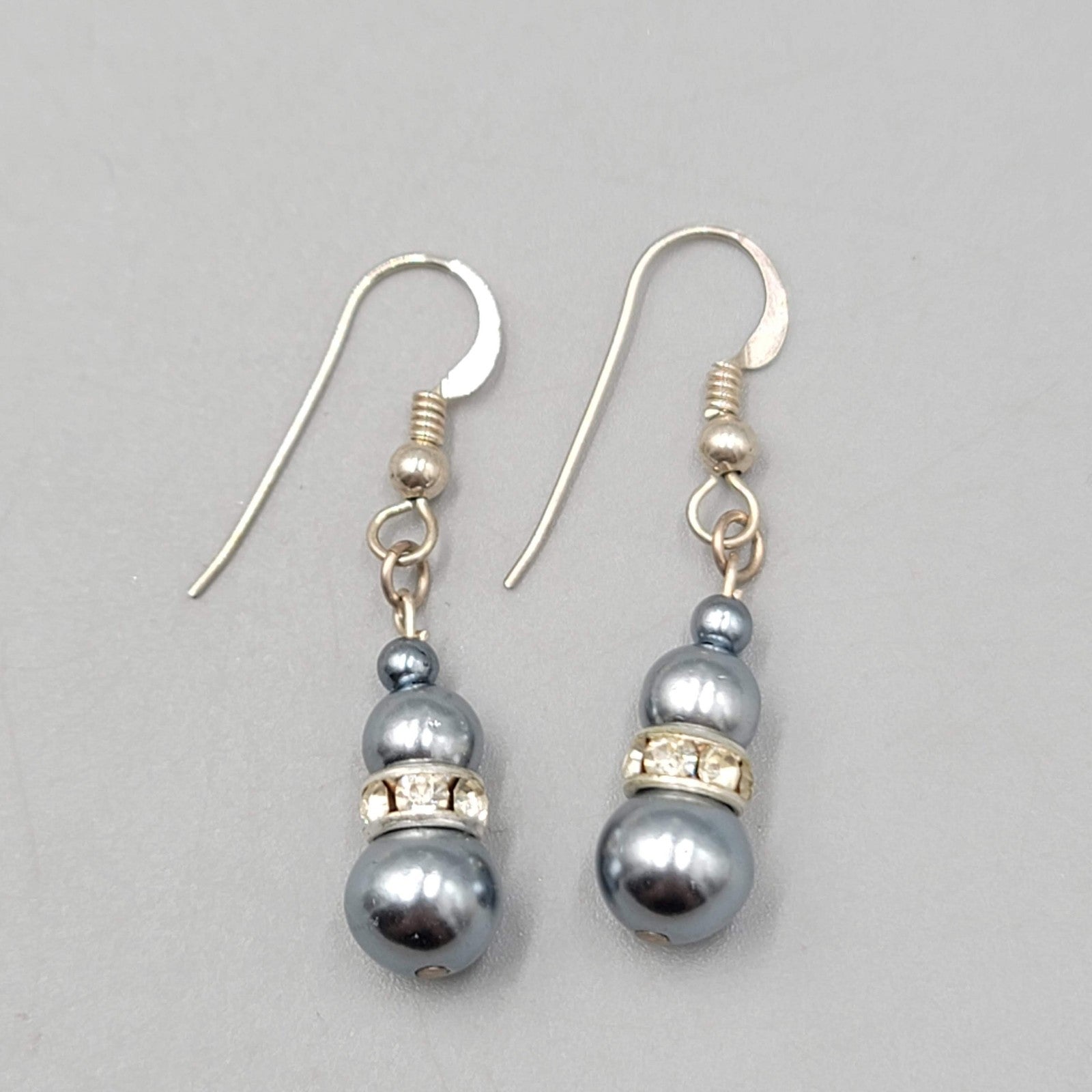 Faux Blue Pearl Bead Pierced Earrings Rhinestone Spacer Dangle 7/8"
