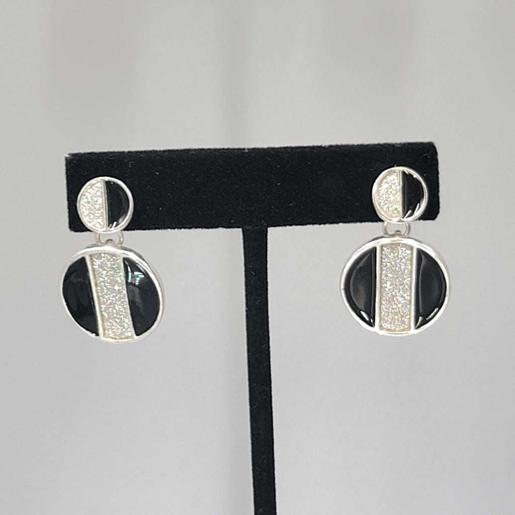 Pierced Earrings Silver tone Dangle Black Enamel Round 1 1/8"