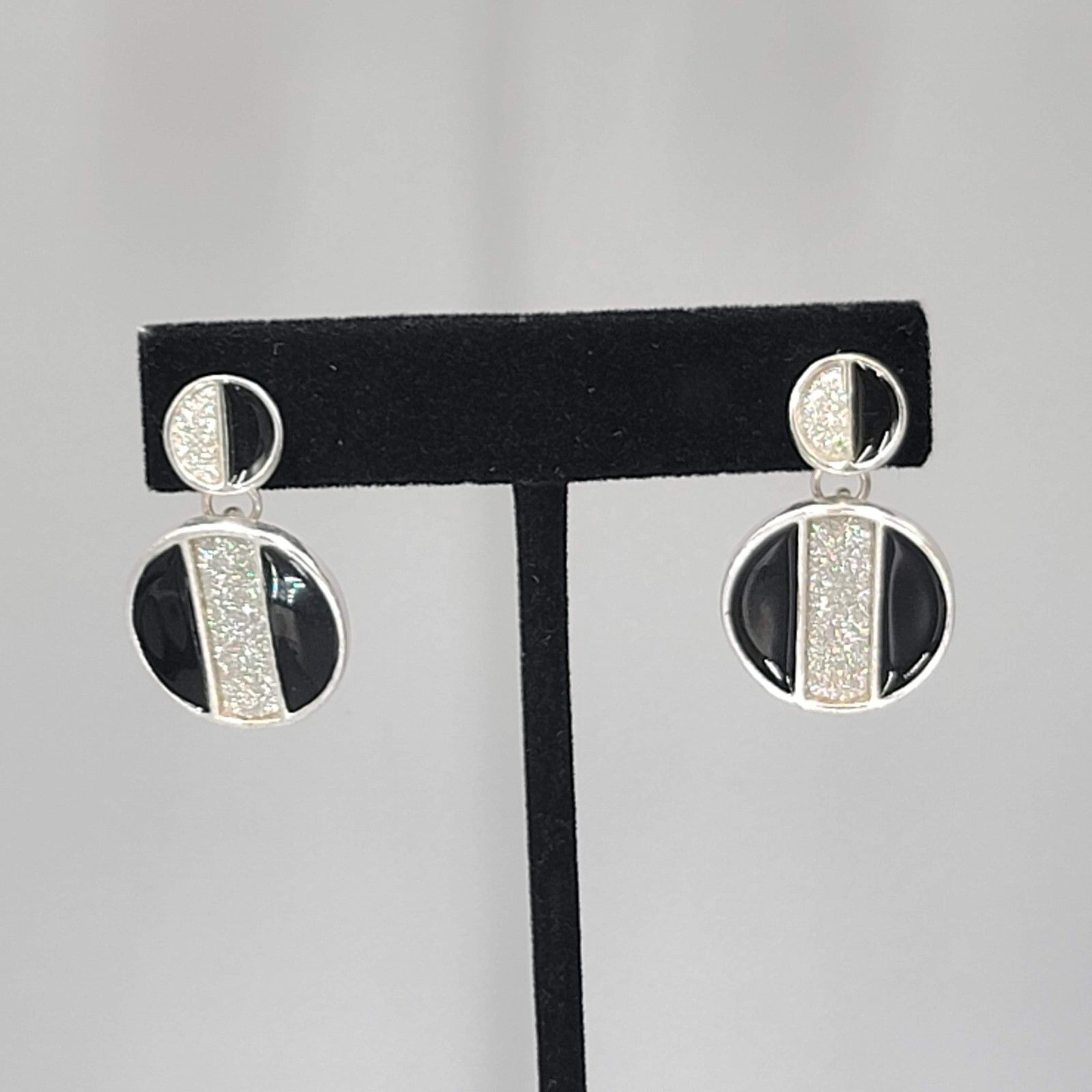Pierced Earrings Silver tone Dangle Black Enamel Round 1 1/8"