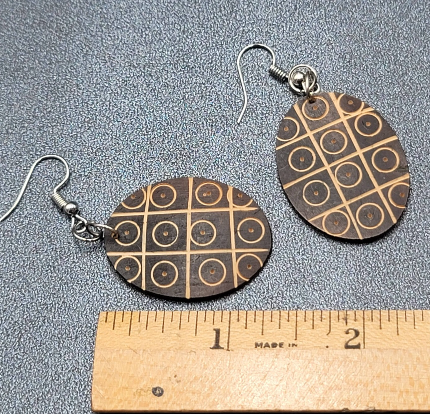 Pierced Earrings Hand Carved Wood Oval Dangle Silver tone 1.5"