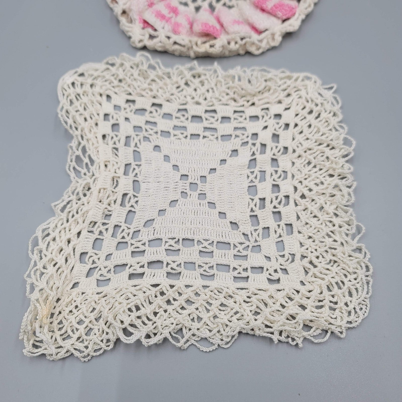 2 Vintage Crocheted Doilies Pink White Green Flowers