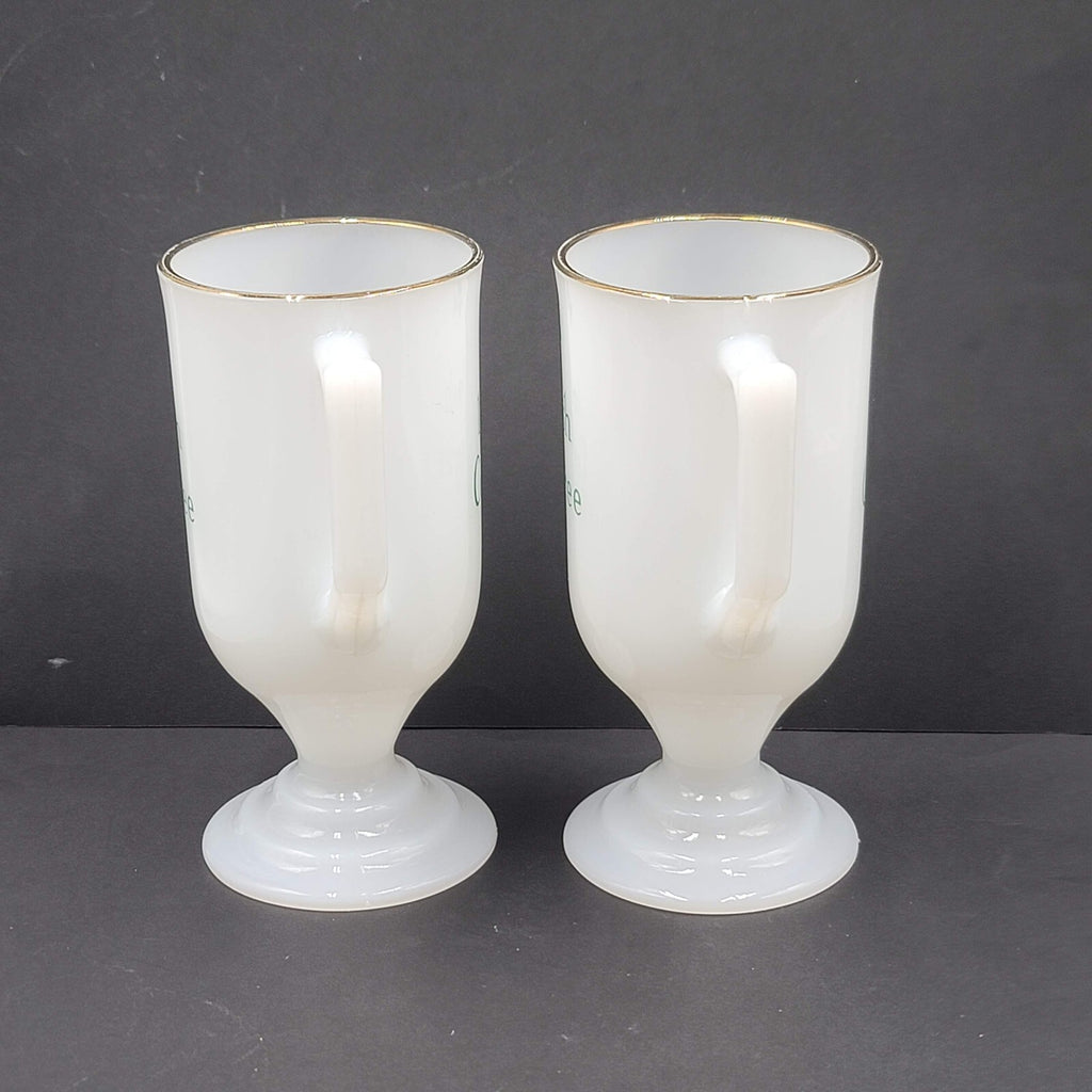Irish Coffee Milk Glass Pedestal Cup Mugs White Green Barware Set Of 2!