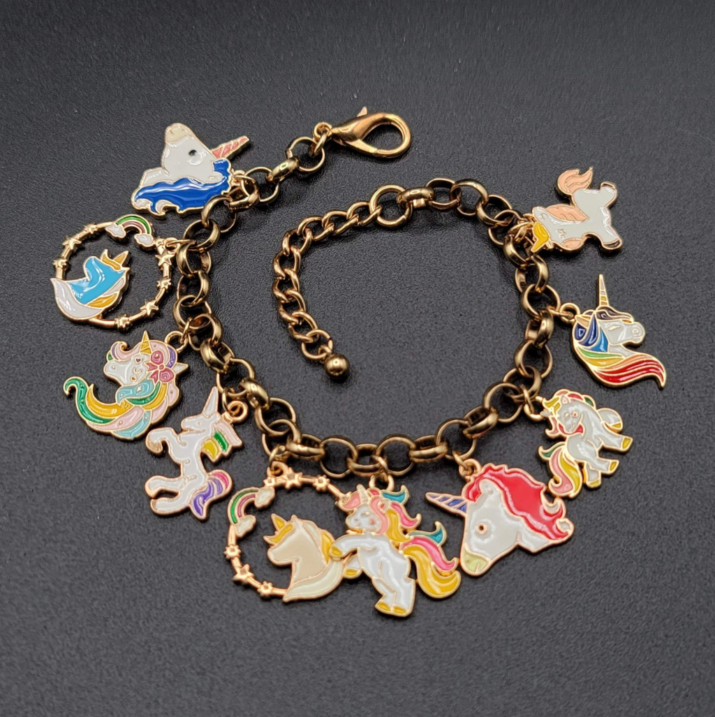 Enamel Unicorn Charm Bracelet Gold tone Adjustable