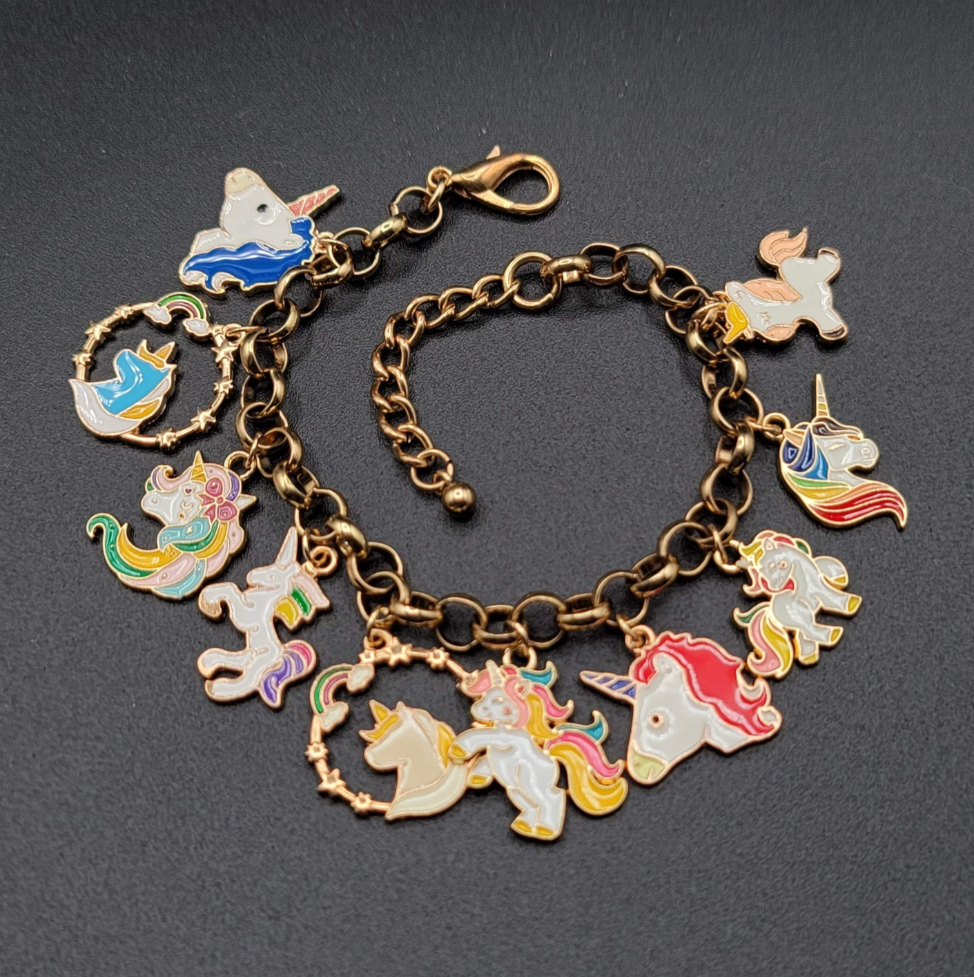 Enamel Unicorn Charm Bracelet Gold tone Adjustable