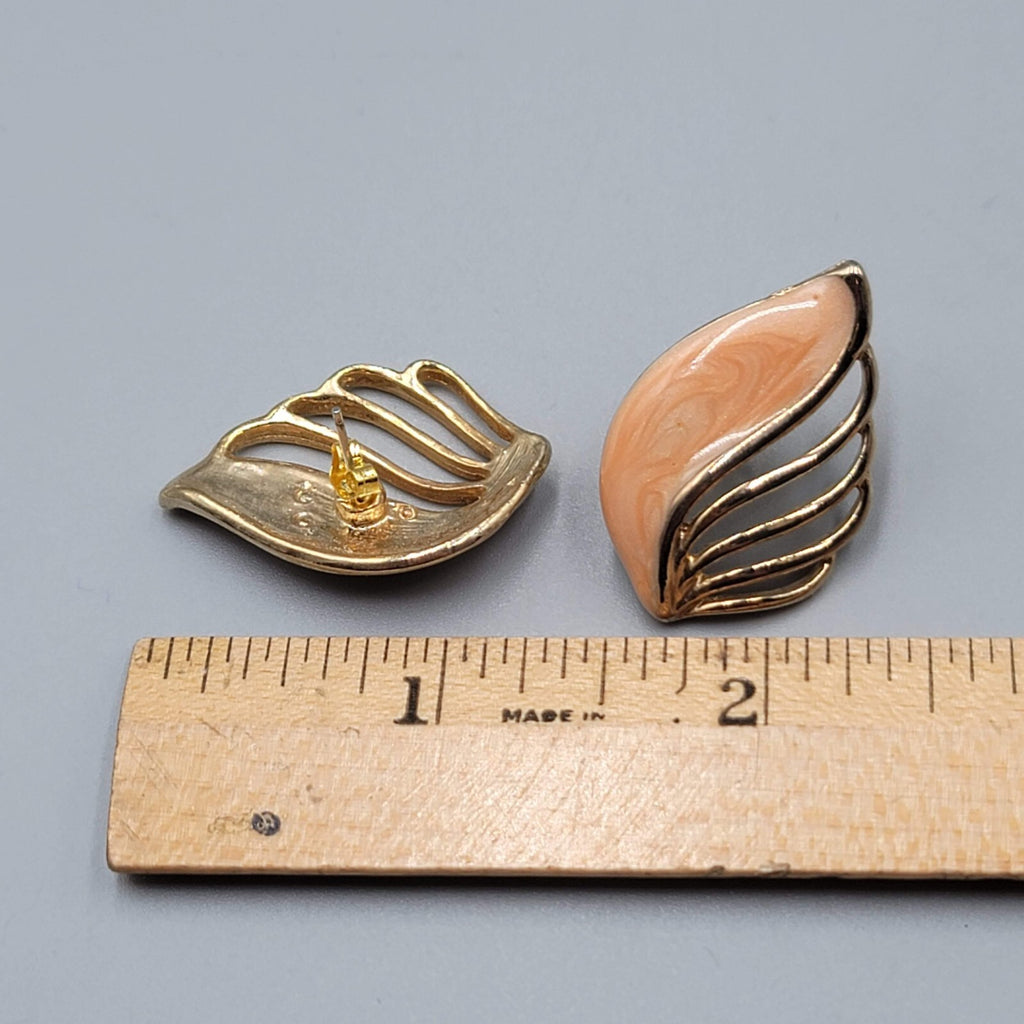 Vintage Pierced Earrings Peach Enamel Gold tone Climber Fan 1.25"
