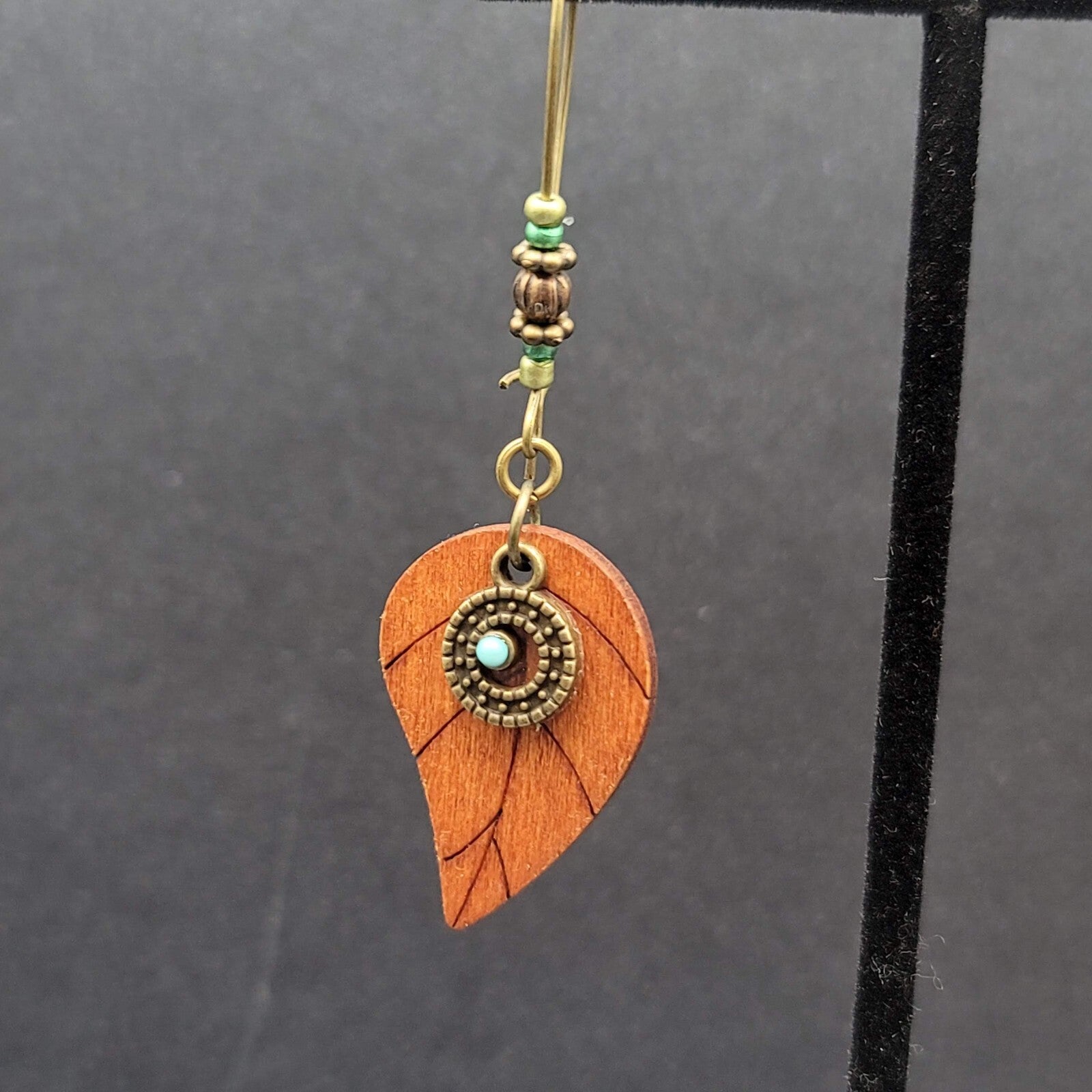 New Boho Pierced Earrings Gold tone Wood Leaf Beaded Dangle 2.75"