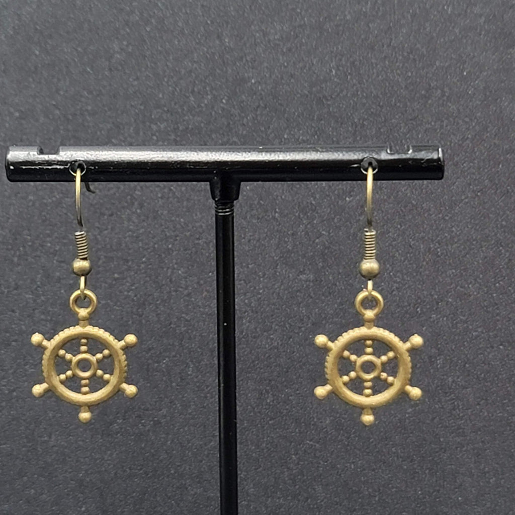 New Nautical Ships Wheel Pierced Earrings Bronze tone Embossed Dangle 3/4"
