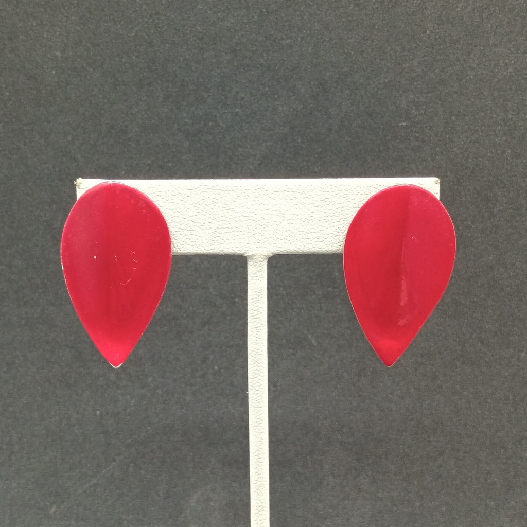 Vintage Pierced Earrings Red Enamel Over Metal Leaf Drop 1 3/8"