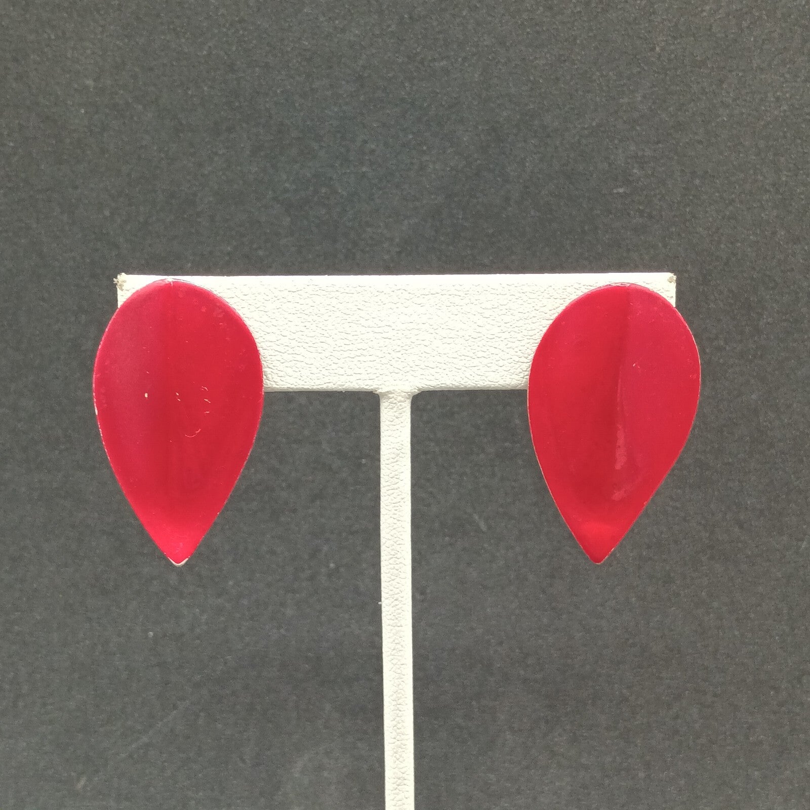 Vintage Pierced Earrings Red Enamel Over Metal Leaf Drop 1 3/8"