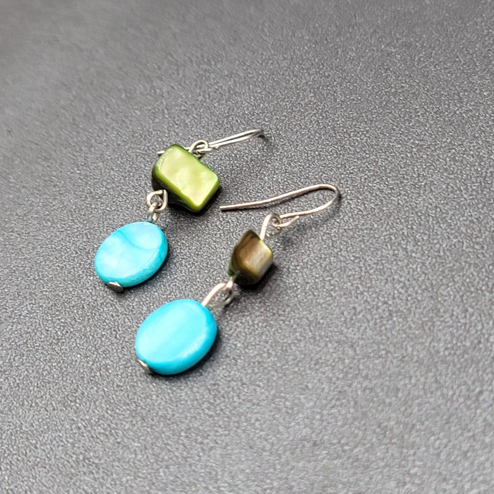 Pierced Earrings Green Blue Shell Bead Dangle Silver tone Hooks 1"