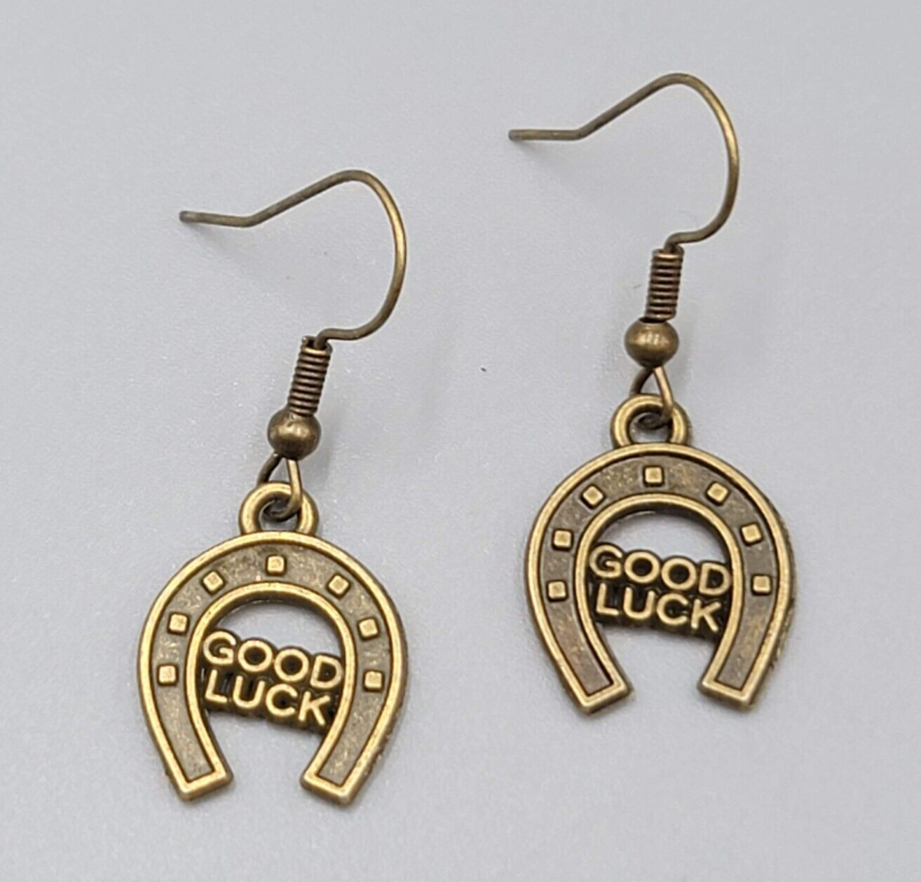 Good Luck Horseshoe Pierced Earrings Bronze tone Dangle NEW 3/4"