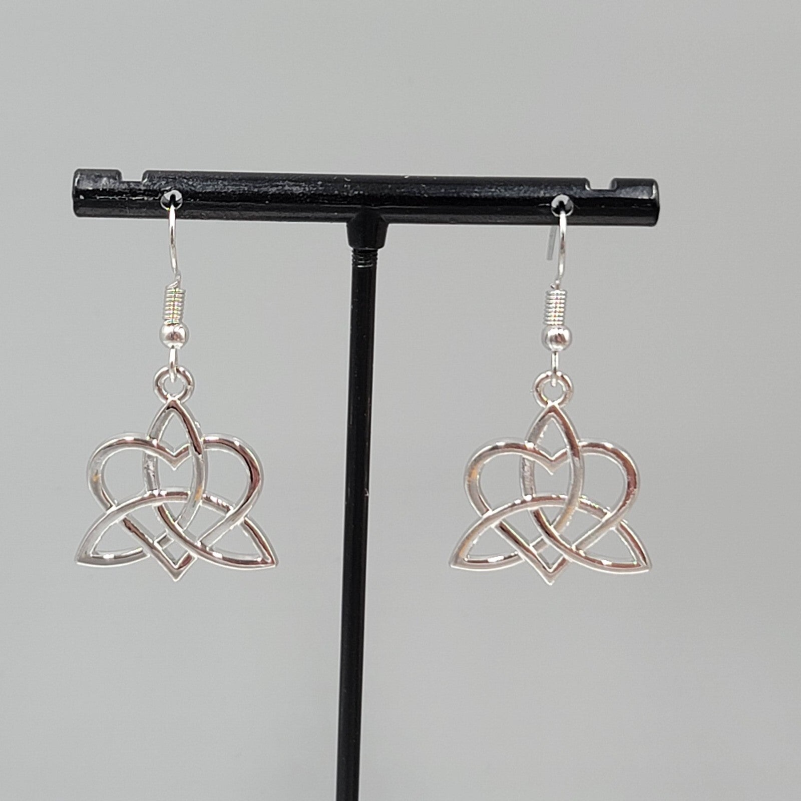 Celtic Heart Knot Pierced Earrings Silver tone Dangle 7/8"