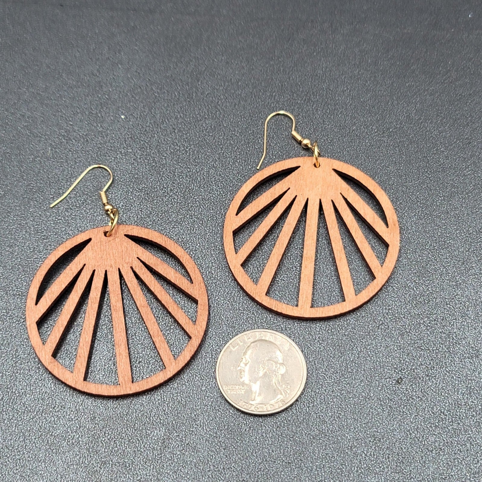 Pierced Earrings Laser Cut Boho Round Wood Dangle Gold tone 2"