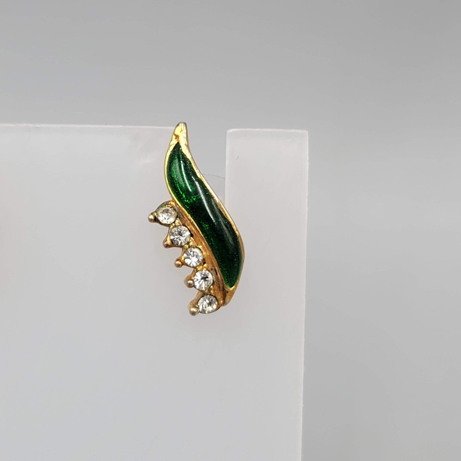 Vintage Green Enamel Pierced Earrings Cubic Zirconia Drop Minimalist 5/8 in