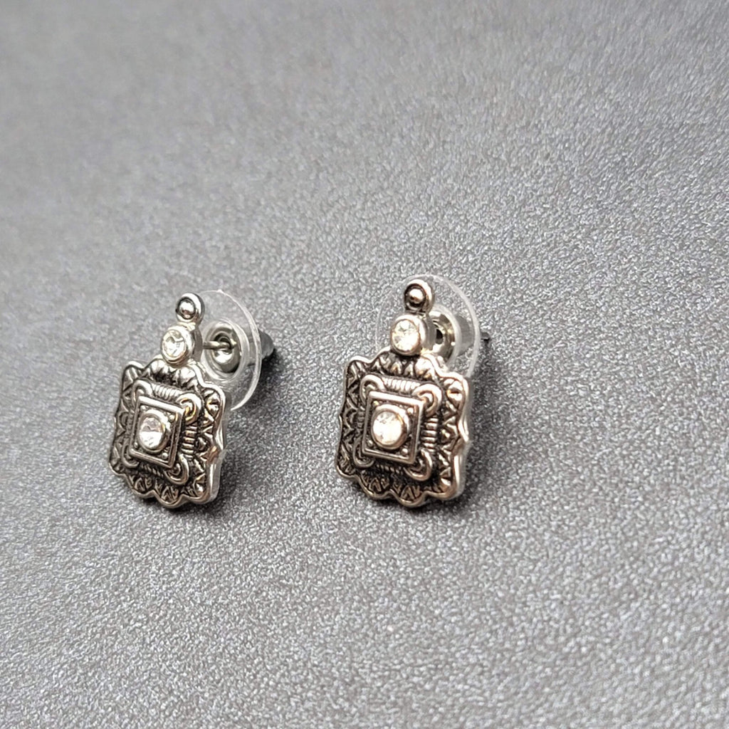 Pierced Earrings Silver tone Black Embossed Crystal Studs So Pretty! 5/8"