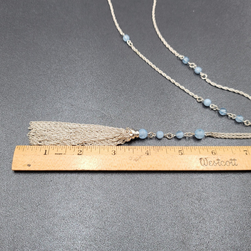 BR Banana Republic Necklace Blue Bead Chain Tassel Pendant Long 30"