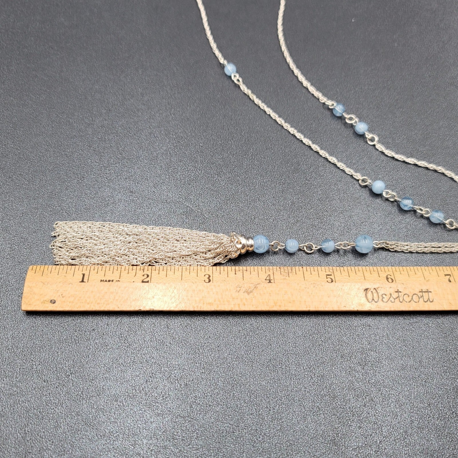 BR Banana Republic Necklace Blue Bead Chain Tassel Pendant Long 30"