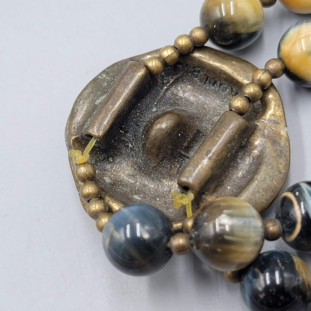 Agate Stone Bead Double Strand Bracelet Bronze tone Signed Elastic