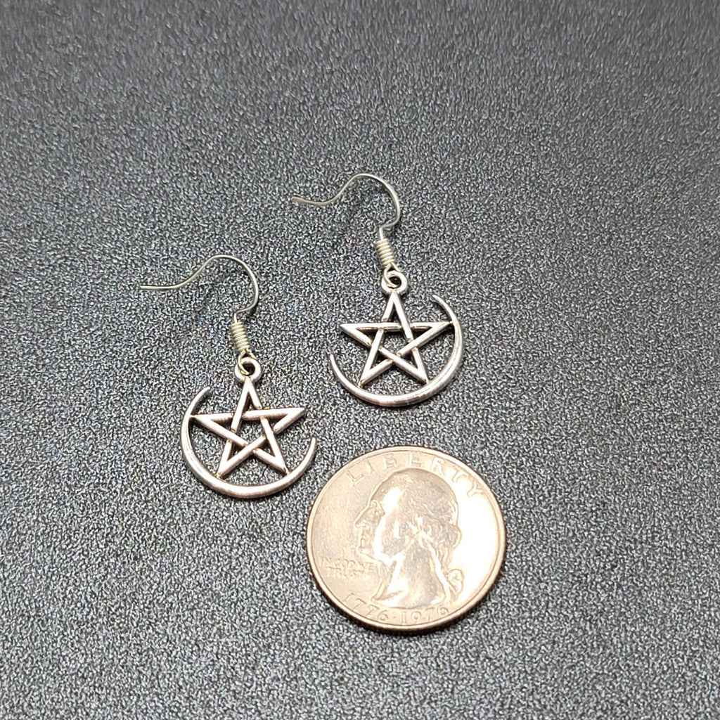 Pentagram Pierced Earrings Half Moon Star Silver tone Dangle 3/4"