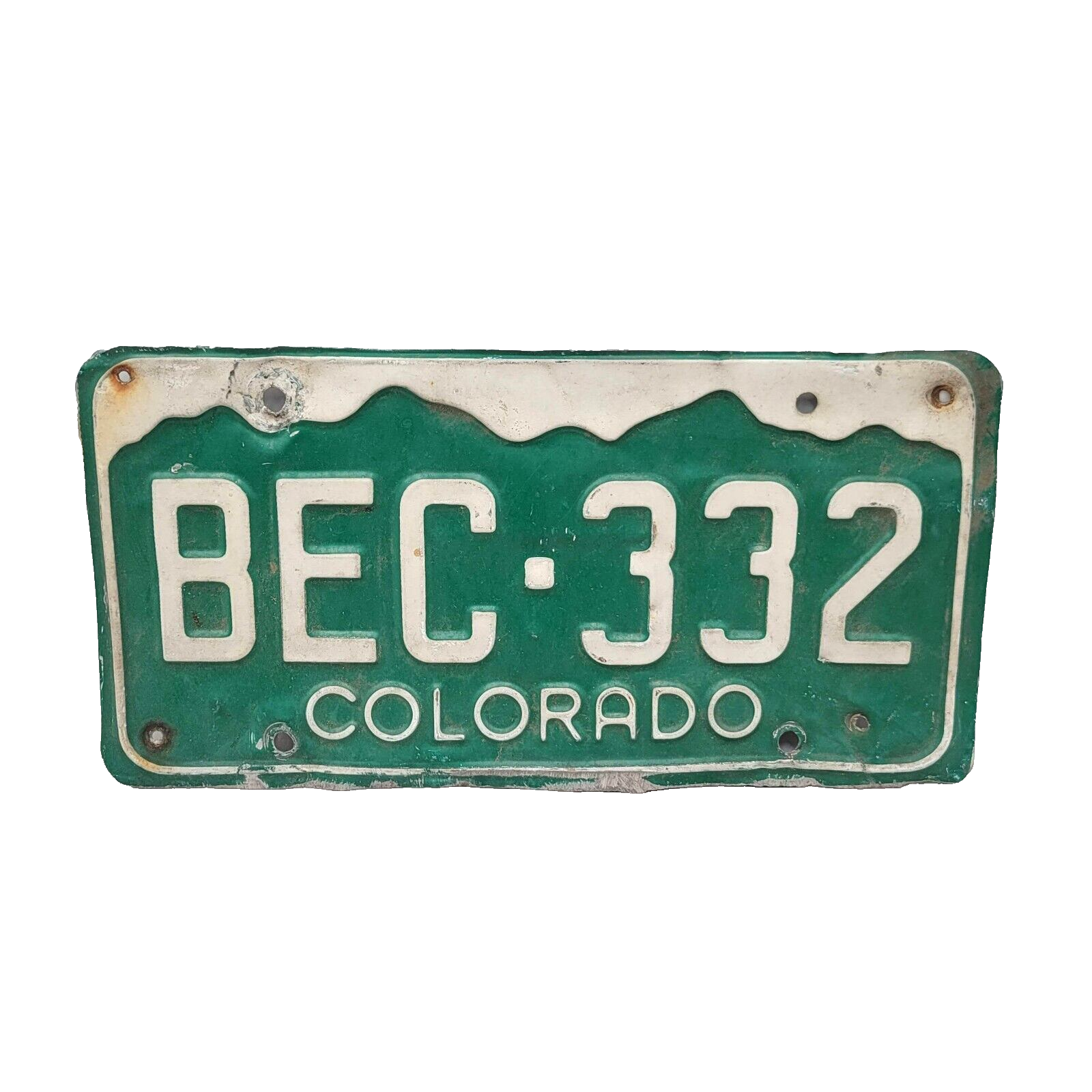 License Plate Vintage COLORADO BEC 332 12" x 6" Green White