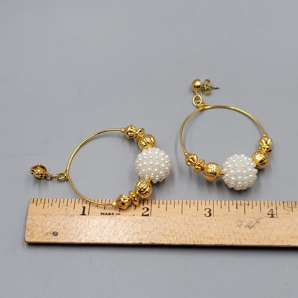 Beaded Hoops Pierced Earrings Gold tone Dangle 2"
