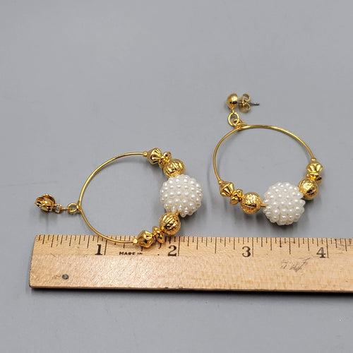 Beaded Hoops Pierced Earrings Gold tone Dangle 2"