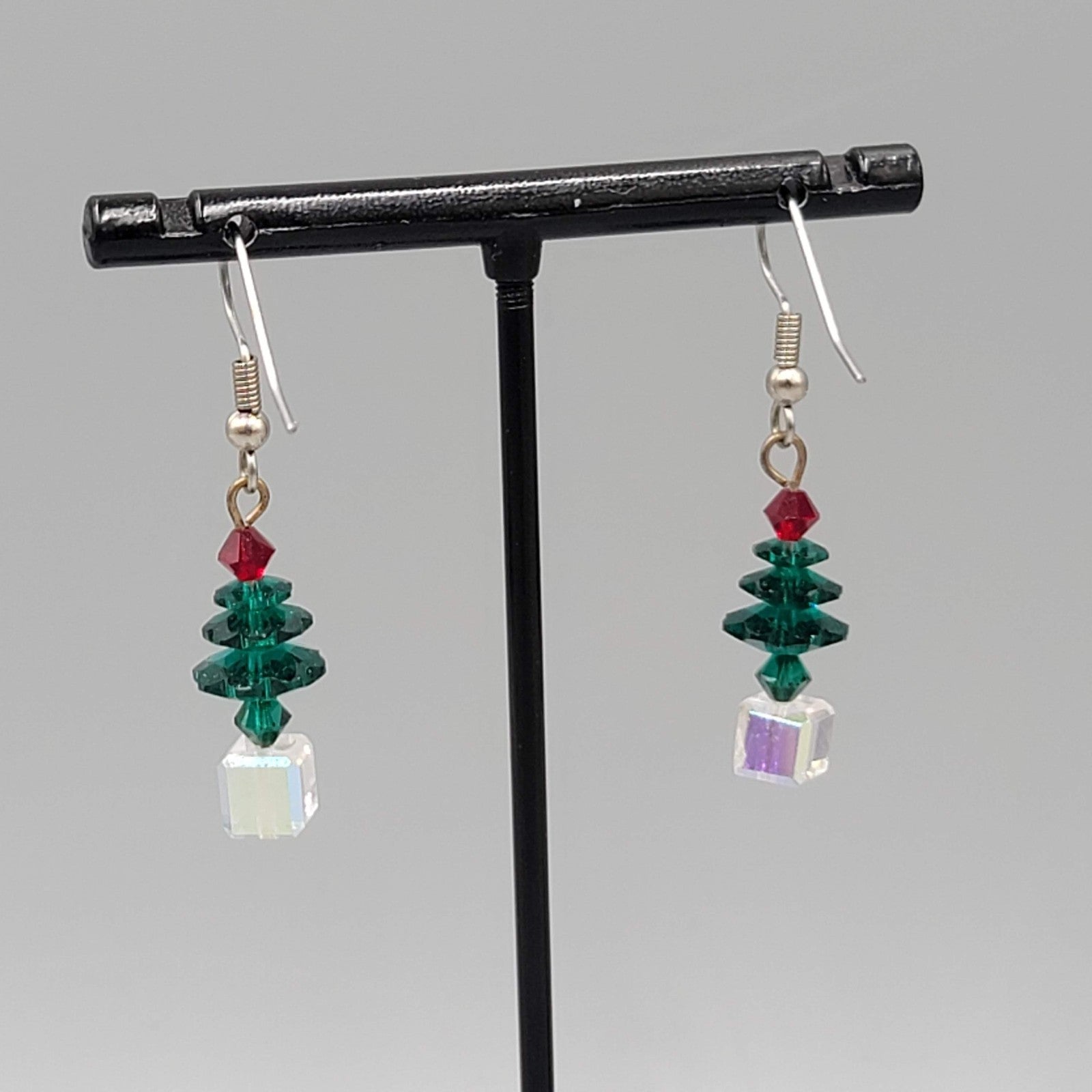 Crystal Stacked Bead Christmas Tree Pierced Earrings Silver tone Dangle 1 in