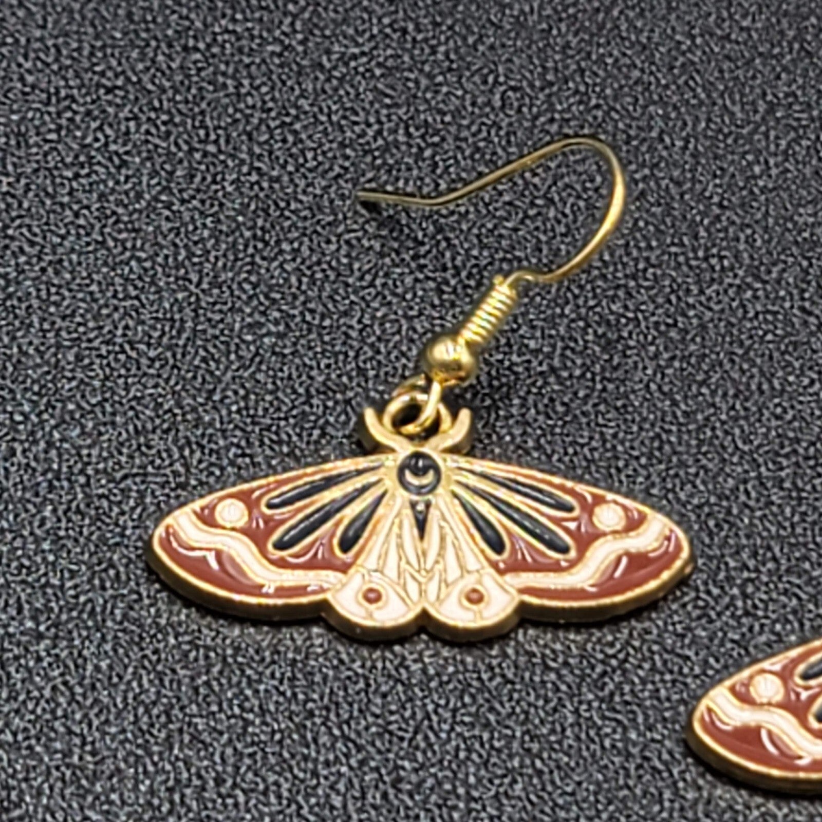 Moth Pierced Earrings Gold tone Brown Black Enamel Dangle 1/2"