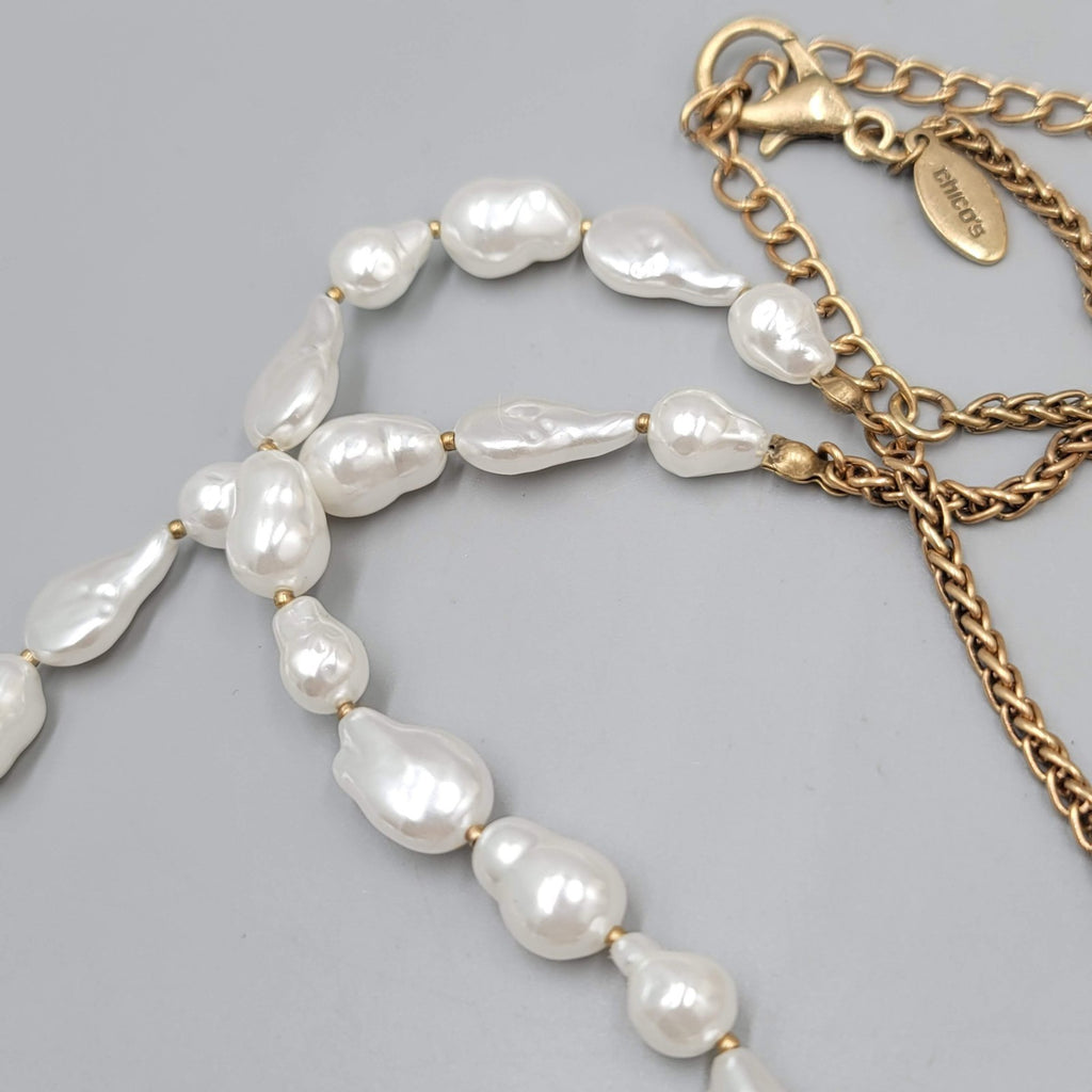 Chicos White Bead Necklace Gold tone Bead Chain Tassel Pendant LONG 36"