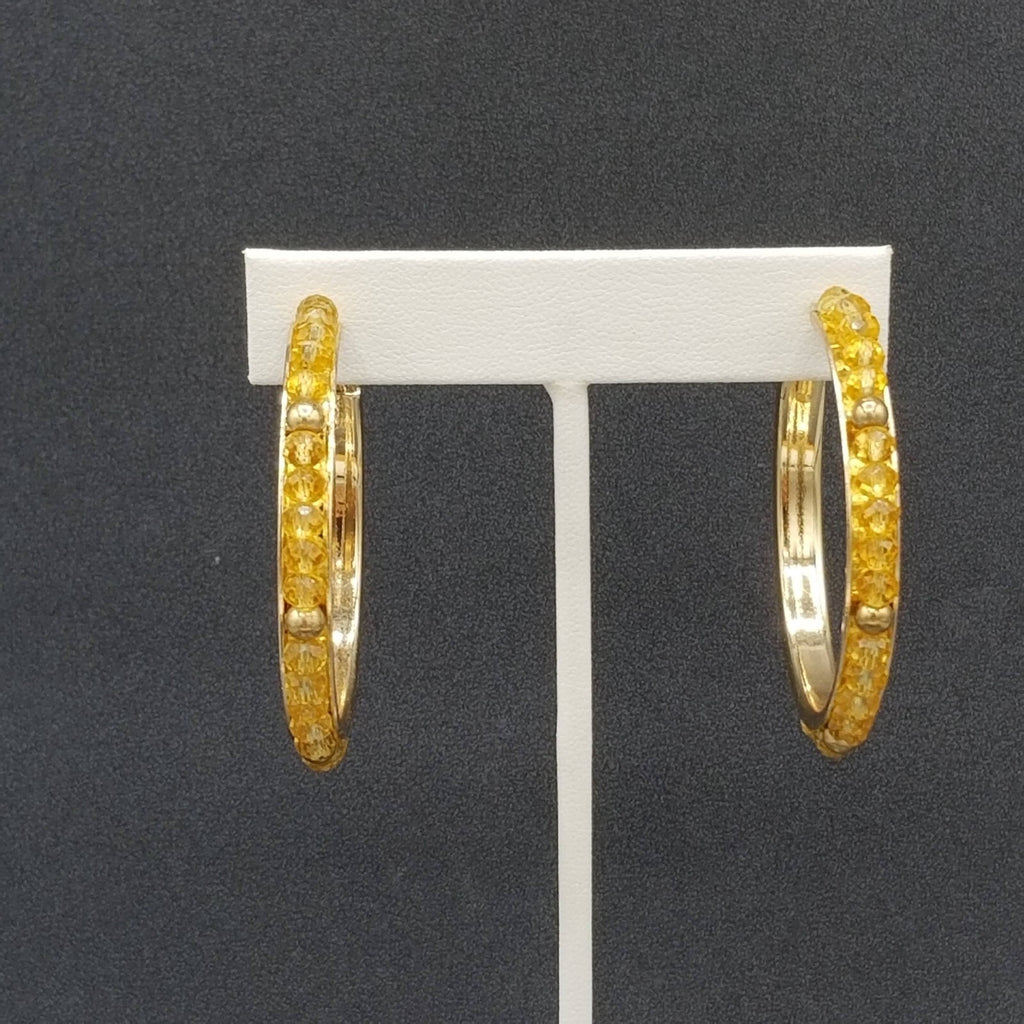 Pierced Earrings Gold tone Faceted Beaded Hoops 2"
