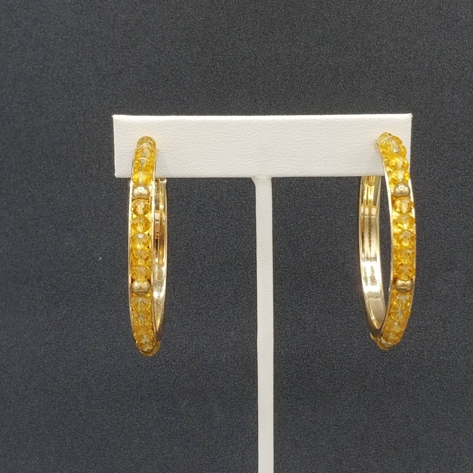 Pierced Earrings Gold tone Faceted Beaded Hoops 2"