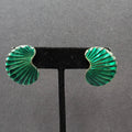 Vintage Pierced Earrings Gold tone Green Enamel Shell Design Drop 1"