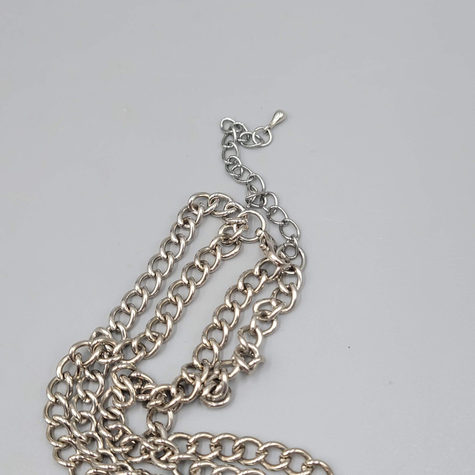 Long Double Chain Hammered Silver tone Necklace 32"
