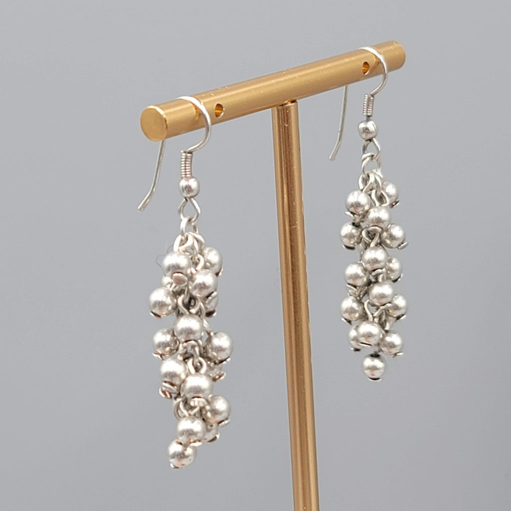 Cluster Bead Pierced Earrings Silver tone Dangle 1.25 in