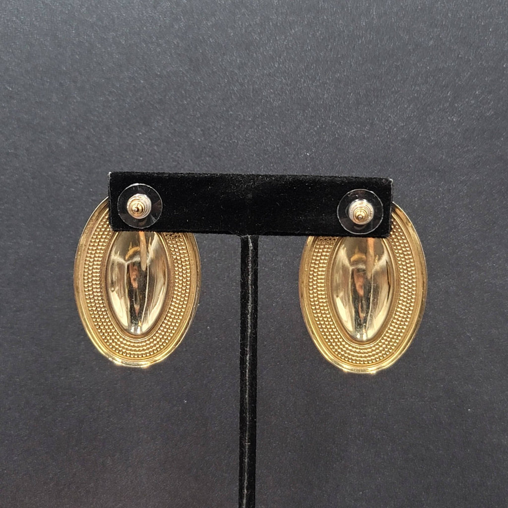 Vintage Pierced Earrings Gold tone Cream Swirl Enamel Long Oval Statement 1.75"