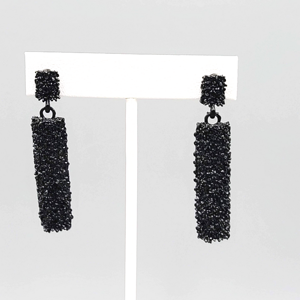 Pierced Earrings Black Enamel Rhinestone Dangle 2"