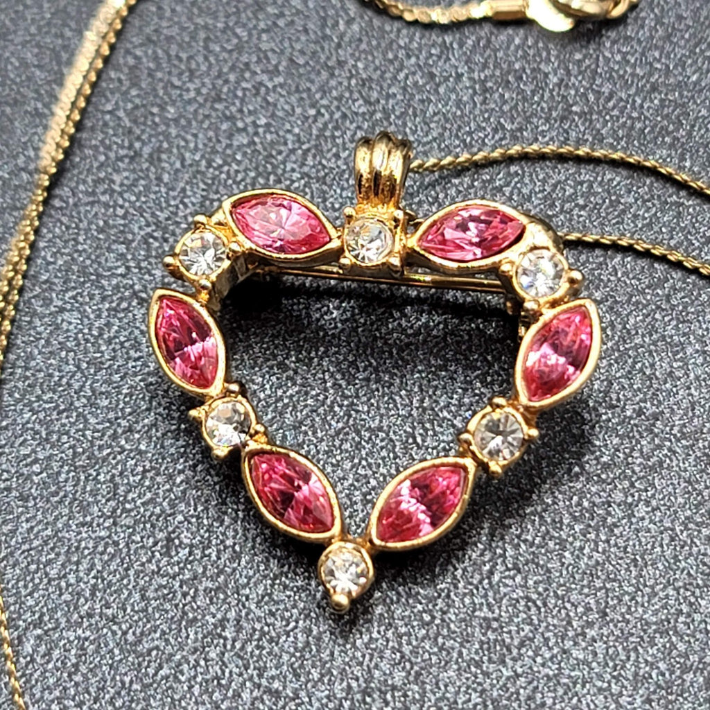 Pink Crystal Heart Brooch Pendant Gold tone 18" Chain